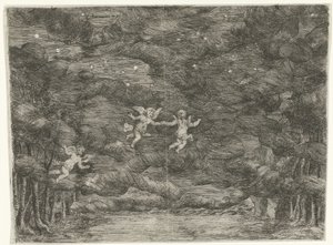 Scenedekor med engler på nattehimmelen av Jan van Ossenbeeck