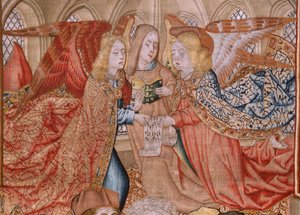 flamsk billedvev. Serie Episoder fra Jomfruens liv; Presentasjon ved tempelet (Presentación en el Templo). Andre billedvev i serien. Modeller tilskrevet Jan van Roome (eller van Brussel). Produksjon Pieter van Aelst, Brussel. Ca 1502-1504.