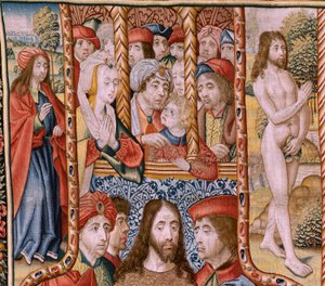 flamsk billedvev. Serie-episoder fra The Life of the Virgin. Profetiene blir oppfylt ved Kristi fødsel (Oppfyllelse av profetiene ved Guds Sønns fødsel). Første billedvev i serien. Modeller tilskrevet Jan von Roome (eller van B