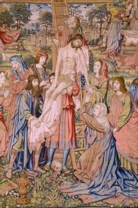 flamsk billedvev. Serien The passion of Christ: Descent from the cross (Kruisafneming, Descandimiento de la cruz). Produksjon Pieter van Aelst. Tegneserieskaper Jan van Roome. Ca 1507-1520. Detalj.