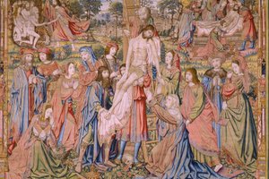 flamsk billedvev. Serien The passion of Christ: Descent from the cross (Kruisafneming, Descandimiento de la cruz). Produksjon Pieter van Aelst. Tegneserieskaper Jan van Roome. Ca 1507-1520. Detalj.
