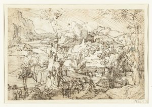 Landskap med steiner, figurer og et seilskute av Jan van Scorel (attributed to)
