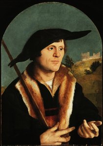 A Pilgrim, ca. 153040 (olje på buet masonittpanel) av Jan van Scorel