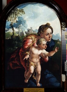 Jomfruen og barnet (Jomfruen og barnet). Maleri av Jan Van Scorel (1495-1562). Olje på tre, 66 x 45 cm