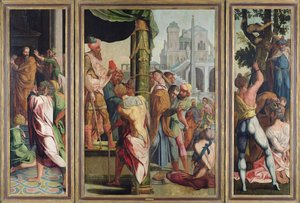 Prekenen, arrestasjonen og martyrdommen til St. Jakob den større, fra Polyptych of St. Stephen og St. James the Greater, ca. 1541