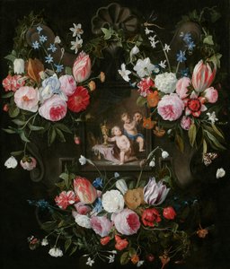 Et kartusj-stilleben av blomster rundt et allegorisk bilde av Putti med kostbare gjenstander og en maske, 1648