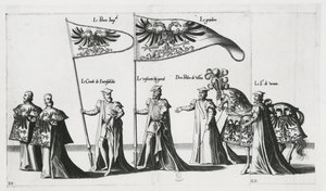 Keiserlig banner ved begravelsesprosesjonen til keiser Charles V av Jan van and Doetechum Lucas van and Bol Hans Doetechum the elder