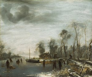 Et vinterlandskap med skatere og Colf-spillere på en frossen vannvei, 1653