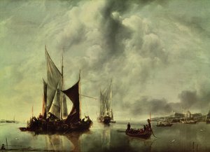 Rolig eller, båter nær kysten, etter 1651 (olje på lerret)