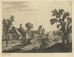 Landsbyutsikt med kvinne og barn i landsbygata av Jan van de Cappelle (attributed to)