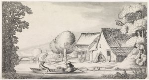 Bonde og bondekone i robåt Playsante-landskap og morsomme ansikter (serietittel) av Jan van de Velde (II)