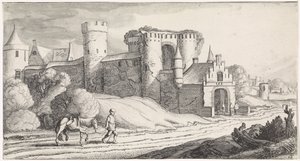 Bonde med hest på vei forbi et slott Playsante-landskap og morsomme ansikter (serietittel) av Jan van de Velde (II)