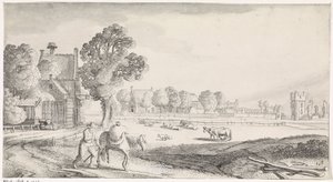 Bonde med pakkehest på landevei Playsante-landskap og morsomme ansikter (serietittel) av Jan van de Velde (II)