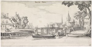 Båter ved en brygge i en landsby Playsante-landskap og morsomme ansikter (serietittel) av Jan van de Velde (II)
