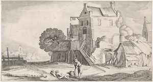 Tre samtalende skikkelser på et vertshus Hyggelige landskap og morsomme severdigheter (serietittel) av Jan van de Velde (II)