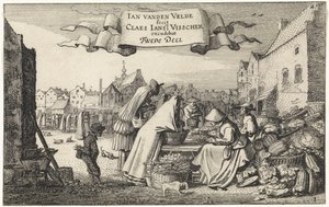 Figurer ved en grønnsaksbod på et marked Landskap (serietittel) Amenissimae aliquot requculae (serietittel) av Jan van de Velde (II)