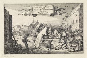 Figurer ved en grønnsaksbod på et marked Landskap (serietittel) Amenissimae aliquot requculae (serietittel) av Jan van de Velde (II)