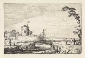 Figurer ved en havn og et tårn Landskap (serietittel) Amenissimae aliquot requculae (serietittel) av Jan van de Velde (II)