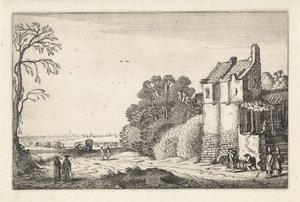 Figurer ved et hus og overbygde vogner på en landevei Landskap (serietittel) Amenissimae aliquot requculae (serietittel) av Jan van de Velde (II)