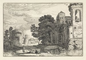 Figurer ved et slott ved en elv Landskap (serietittel) Amenissimae aliquot requculae (serietittel) av Jan van de Velde (II)