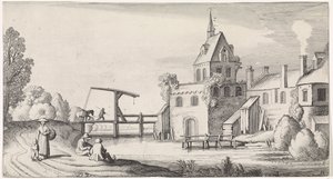 Figurer ved en vindebro for en landsby med kirketårn Playsante-landskap og underholdende severdigheter (serietittel) av Jan van de Velde (II)