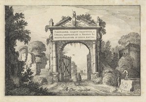 Figurer ved en port i et landskap Landskap (serietittel) Amenissimae aliquot requculae (serietittel på objekt) av Jan van de Velde (II)