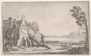 Figurer ved et falleferdig hus ved en elv Elvelandskap (serietittel) av Jan van de Velde (II)