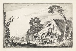 Figurer ved en falleferdig låve Landskap (serietittel) Amenissimae aliquot requculae (serietittel) av Jan van de Velde (II)