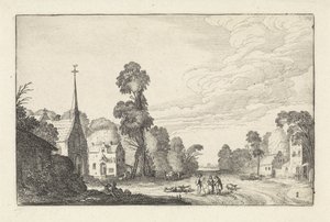 Figurer og storfe i en landsby med kirkelandskap (serietittel) Amenissimae aliquot requculae (serietittel) av Jan van de Velde (II)