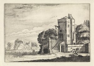 Figurer med en fuglekurv nær et tårn i et landskap Landskap (serietittel) Amenissimae aliquot requculae (serietittel) av Jan van de Velde (II)