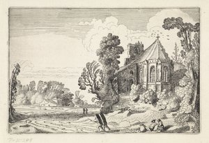 Figurer på en landevei nær en kirkeruin Landskap (serietittel) Amenissimae aliquot requculae (serietittel) av Jan van de Velde (II)