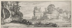 Utsikt over et ødelagt hus nær en vegg Landskap og ruiner (serietittel) Amoenissimae aliquot Regiunculae (serietittel) av Jan van de Velde (II)
