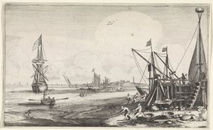 Havnehode med fiskere som drar inn garnene sine Seascapes (serietittel) av Jan van de Velde (II)
