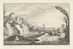 Overbygd vogn på sti i et fjellrikt elvelandskap Landskap (serietittel) Amenissimae aliquot requculae (serietittel) av Jan van de Velde (II)