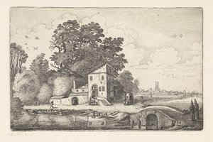 Hus ved en steinbro i et elvelandskap Landskap (serietittel) Amenissimae aliquot requculae (serietittel) av Jan van de Velde (II)