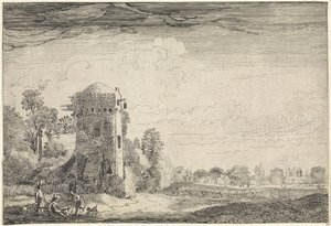 Jegere med hunder ved et tårn i et landskap Landskap (serietittel) Amenissimae aliquot requculae (serietittel) av Jan van de Velde (II)