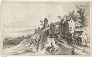 Kystlandskap med vannmølle Seascapes (serietittel) av Jan van de Velde (II)