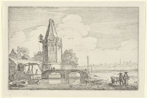 Landskap med et tårn og en bro over elven Niers Landskap (serietittel) Amenissimae aliquot requculae (serietittel) av Jan van de Velde (II)