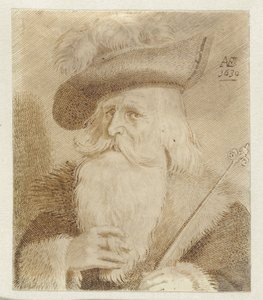 Mann med pelskrage, lue og stav av Jan van de Velde (II)