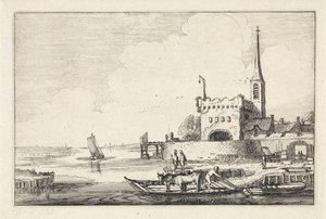 Pont med storfe ved et fort i et elvelandskap Landskap (serietittel) Amenissimae aliquot requculae (serietittel) av Jan van de Velde (II)