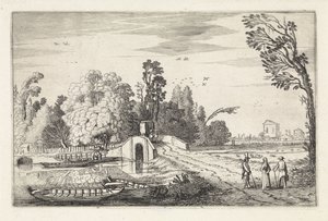 Elvelandskap med steinbro Landskap (serietittel) Amenissimae aliquot requculae (serietittel) av Jan van de Velde (II)