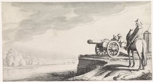 Rytter og to soldater ved en kanon på en elvebredd Playsante-landskap og morsomme ansikter (serietittel) av Jan van de Velde (II)