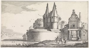 Soldater ved et fort og en byport ved en elv Playsante Landscapes og Vermakelycke Gesichten (serietittel) av Jan van de Velde (II)