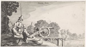 Soldater ved en kanon på en elvebrygge Playsante-landskap og morsomme ansikter (serietittel) av Jan van de Velde (II)