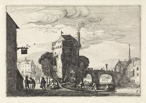 Bybilde med en bro over en elv Landskap (serietittel) Amenissimae aliquot requculae (serietittel) av Jan van de Velde (II)