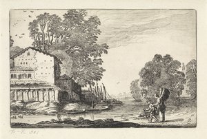 Tobias og engelen i et landskap med en ruin Landskap (serietittel) Amenissimae aliquot requculae (serietittel) av Jan van de Velde (II)