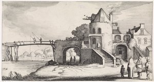 Bomhus med trebro over elven Playsante landskap og vermakelycke gesichten (serietittel) av Jan van de Velde (II)