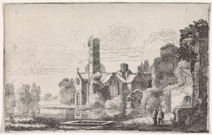 To munker ved et kloster i et elvelandskap Elvelandskap (serietittel) av Jan van de Velde (II)