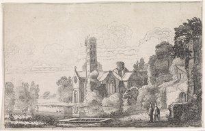To munker ved et kloster i et elvelandskap Elvelandskap (serietittel) av Jan van de Velde (II)