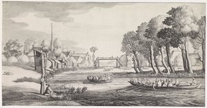 To robåter på en elv nær en landsby Playsante-landskap og morsomme ansikter (serietittel) av Jan van de Velde (II)
